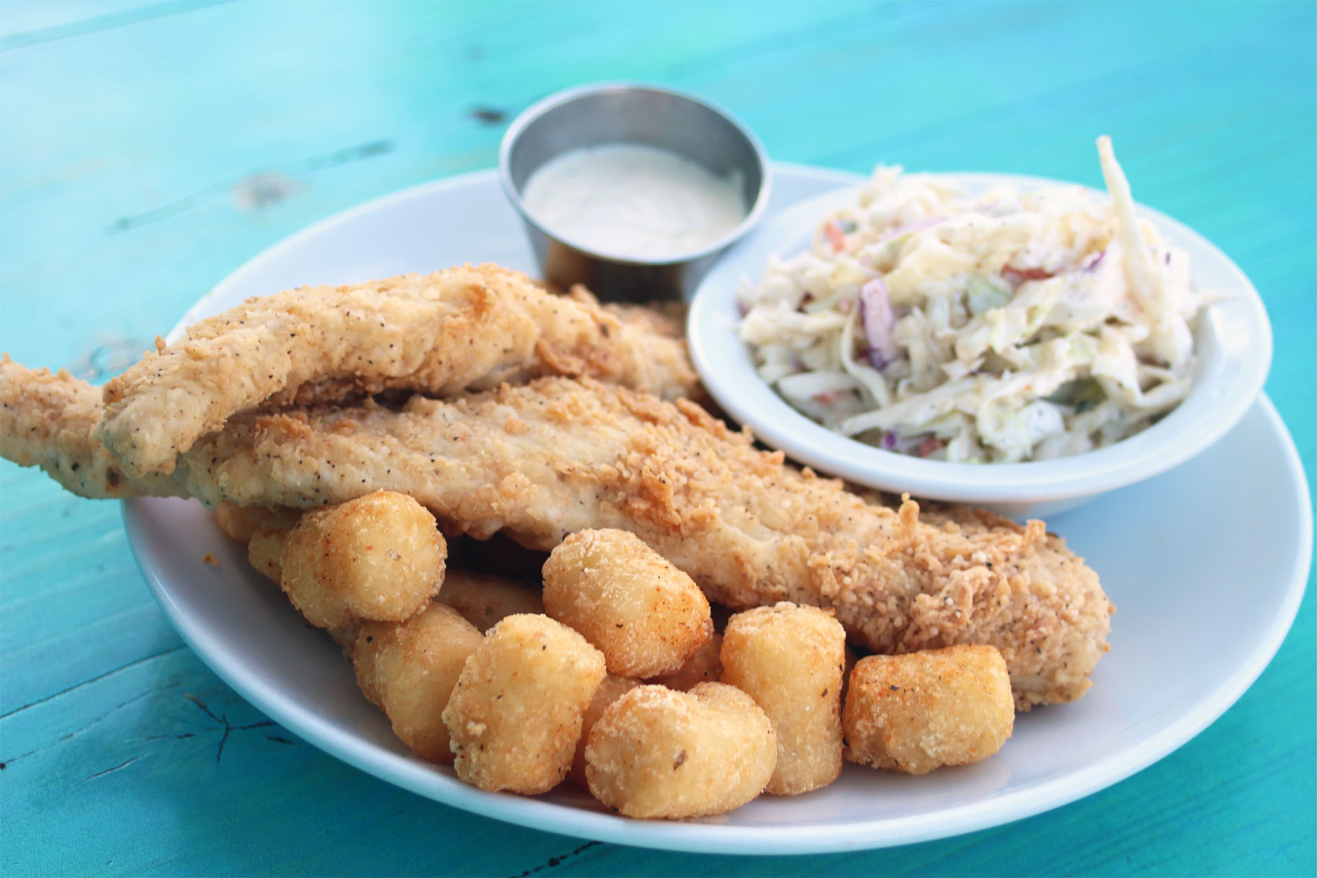 fried fish, tots and cole slaw